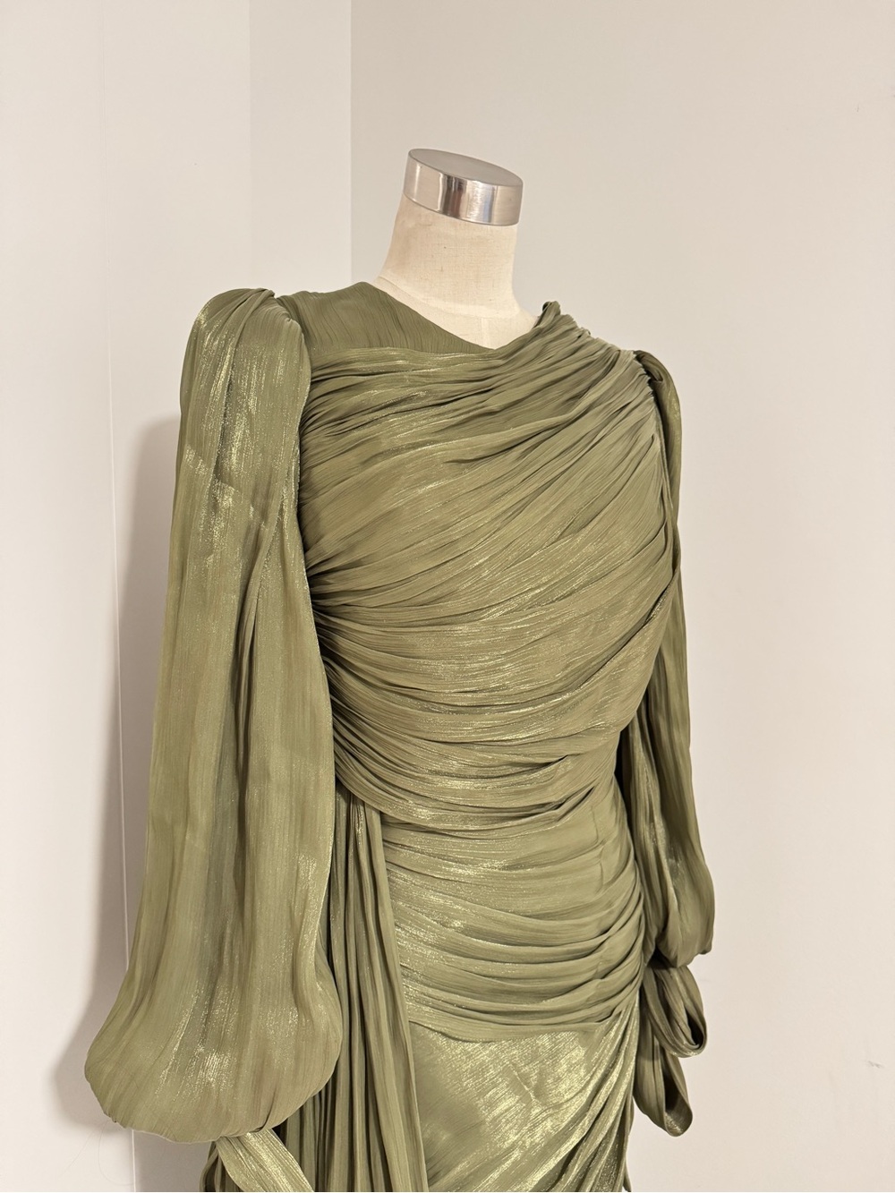 Olive Green Draped Evening Dress with Bow Detail - Picture 4 of 9